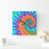 オレンジとブルーのスパイラル絞り染め時計 スクエア壁時計 (ホーム)