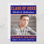 オレンジとブルーのチームカラーズスポーツ卒業 招待状 (裏面)