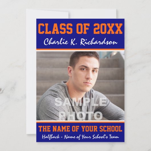 オレンジとブルーのチームカラーズスポーツ卒業 招待状 (裏面)