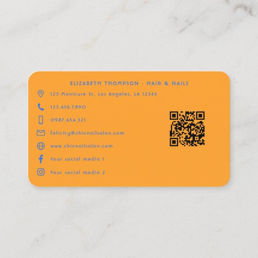 オレンジとブルーのネイルサロンブランディングデザイン 名刺 (裏面)