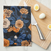オレンジとブルーのバラに隠れている キッチンタオル (四つ折り)