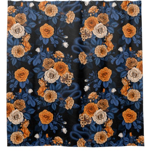 オレンジとブルーのバラに隠れている シャワーカーテン (正面)