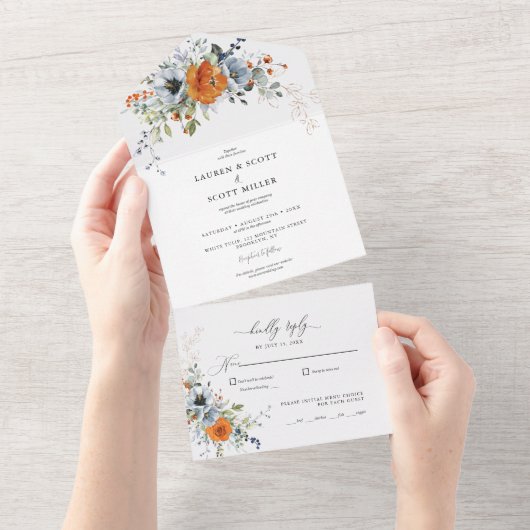 オレンジとブルーのフローラを1つの結婚式で招待 オールインワン招待状 (貼ってはがせる)