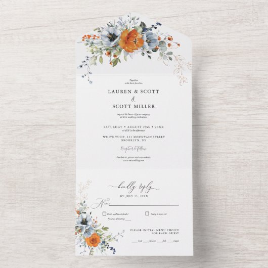 オレンジとブルーのフローラを1つの結婚式で招待 オールインワン招待状 (内側)