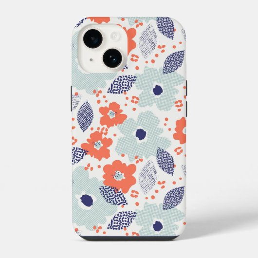 オレンジとブルーのモダンな花柄 iPhoneケース (裏面)