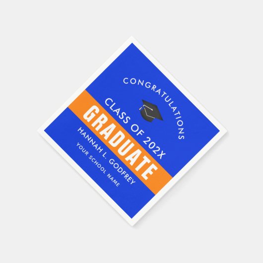 オレンジとブルーの卒業おめでとうカスタム スタンダードカクテルナプキン (角)