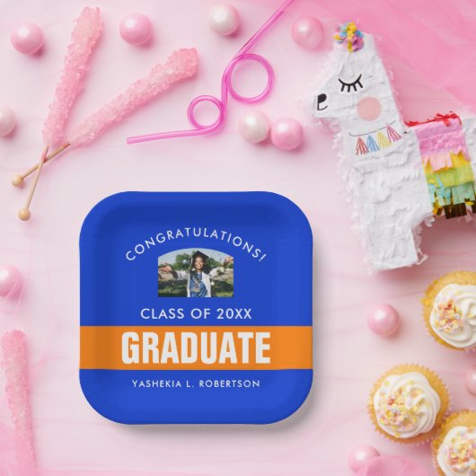 オレンジとブルーの卒業パーソナライズされた写真 ペーパープレート (パーティー)