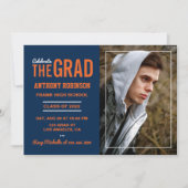 オレンジとブルーの卒業パーティーの写真 招待状 (正面)