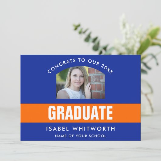 オレンジとブルーの卒業写真カスタム 案内状 (スタンド正面)