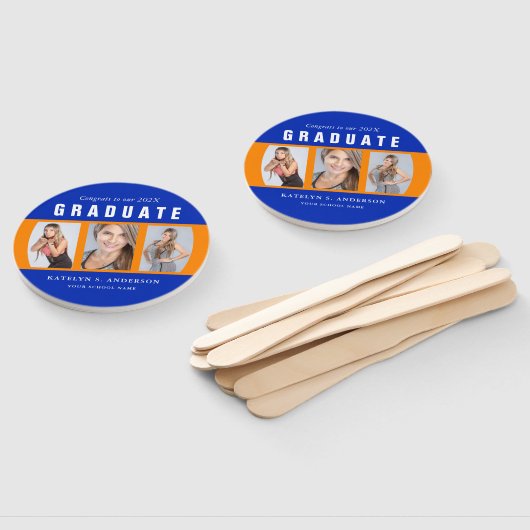 オレンジとブルーの卒業写真コラージュ ハンドファン (組立なし)