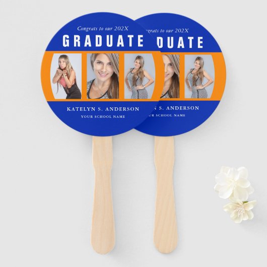 オレンジとブルーの卒業写真コラージュ ハンドファン (正面&裏面)
