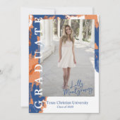 オレンジとブルーの大理石の写真を使った卒業のお知らせ 招待状 (正面)