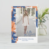 オレンジとブルーの大理石の写真を使った卒業のお知らせ 招待状 (スタンド正面)