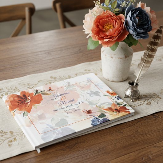 オレンジとブルーの水彩画の秋の花嫁衣裳 ゲストブック