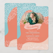 オレンジとブルーの波動の写真付き命名式 招待状 (正面/裏面)