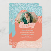 オレンジとブルーウェーブ男の子の誕生発表 案内状 (正面/裏面)