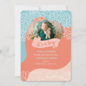 オレンジとブルーウェーブ男の子の誕生発表 案内状 (正面)