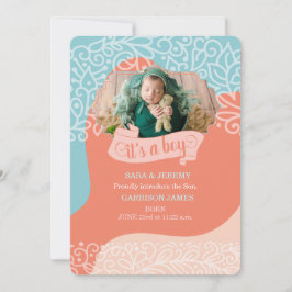 オレンジとブルーウェーブ男の子の誕生発表 案内状