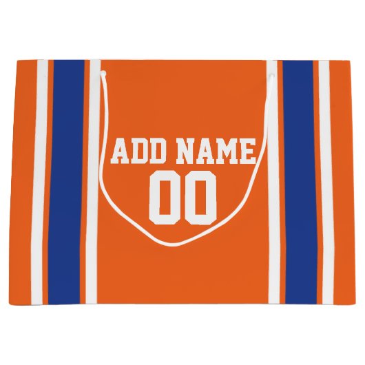 オレンジとブルースポーツジャージー誕生日と名前 ラージペーパーバッグ (正面)