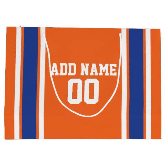 オレンジとブルースポーツジャージー誕生日と名前 ラージペーパーバッグ (裏面)