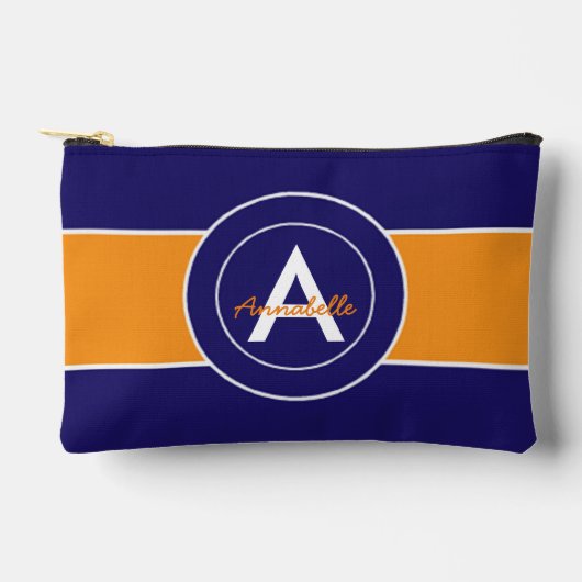 オレンジとブルーモノグラムパーソナライズされた アクセサリーポーチ (正面)