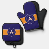 オレンジとブルーモノグラムパーソナライズされた 鍋つかみ&鍋敷きセット (正面/裏面)