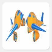 オレンジとブルー鮮やかのアニメ飛行機 スクエアシール (正面)