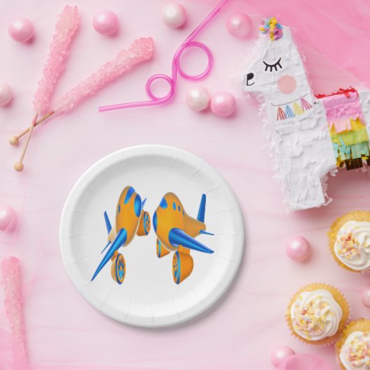 オレンジとブルー鮮やかのアニメ飛行機 ペーパープレート (パーティー)