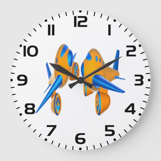オレンジとブルー鮮やかのアニメ飛行機 ラージ壁時計 (正面)