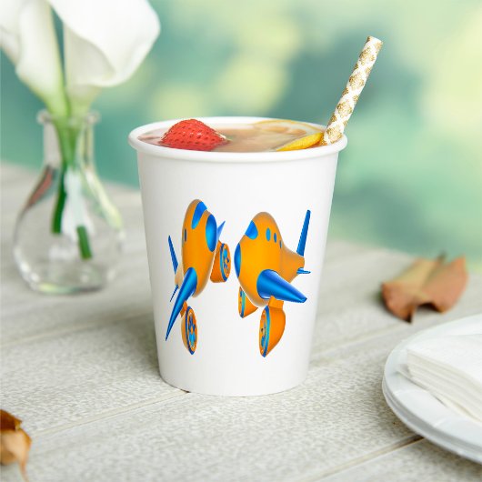 オレンジとブルー鮮やかのアニメ飛行機 紙コップ