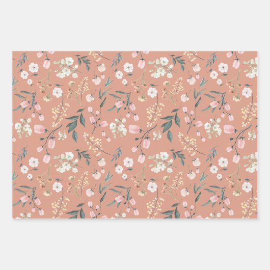 オレンジとベビーブルーのパステル ワイルドフラワー ウォーターカラー ラッピングペーパーシート (正面2)