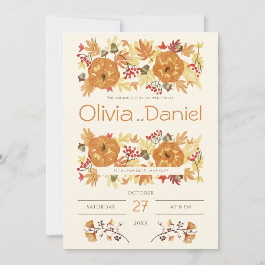 オレンジとベージュのフローラ結婚秋 招待状 (正面)
