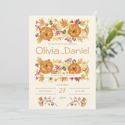 オレンジとベージュのフローラ結婚秋 招待状 (スタンド正面)
