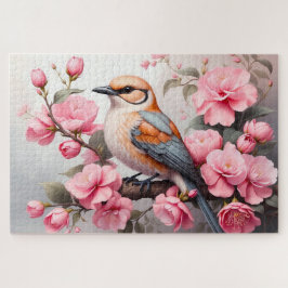 オレンジとベージュの鳥とピンクの花 ジグソーパズル