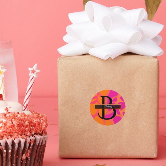 オレンジとホットピンクのグラデーション モノグラム ラウンドシール (パーティー)