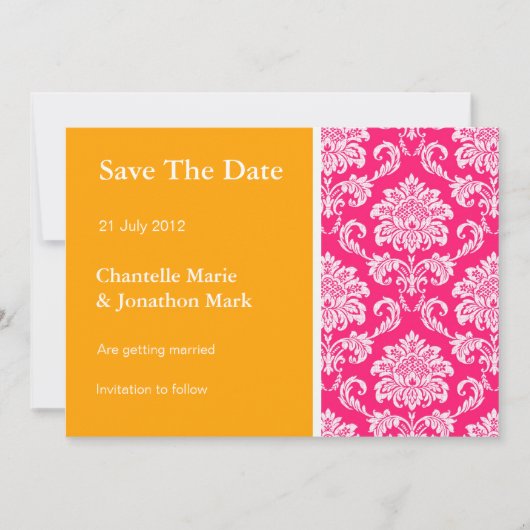 オレンジとホットピンクダマスクの日付カードを保存 セーブザデート (正面)