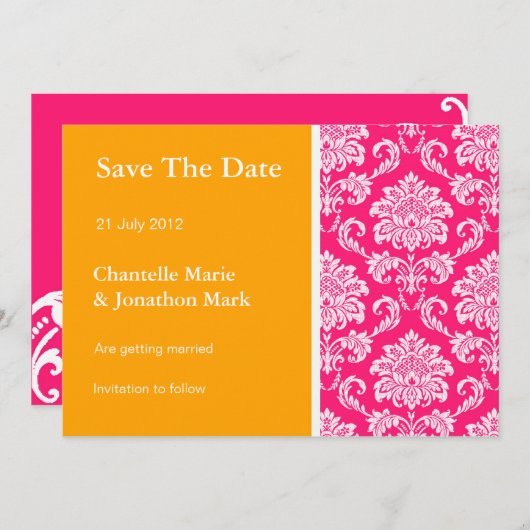 オレンジとホットピンクダマスクの日付カードを保存 セーブザデート (正面/裏面)