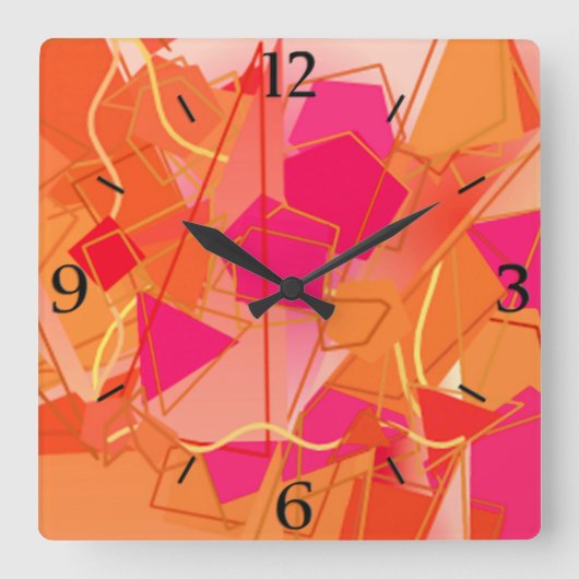 オレンジとホットピンク、カディンスキーインスパイア抽象芸術 スクエア壁時計 (正面)