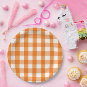 オレンジとホワイトのギンガムチェックのハロウィン ペーパープレート