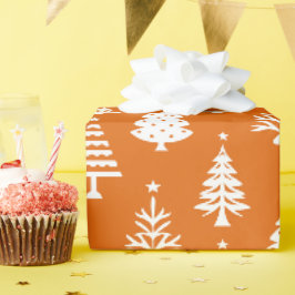 オレンジとホワイトのクリスマスツリーパターン ラッピングペーパー