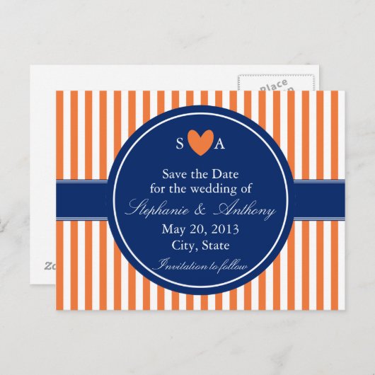 オレンジとホワイトのストライプにロイヤルブルー 案内ポストカード (正面/裏面)