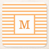 オレンジとホワイトのストライプモノグラカスタムム スクエアペーパーコースター (正面)