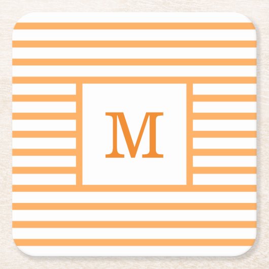 オレンジとホワイトのストライプモノグラカスタムム スクエアペーパーコースター (正面)