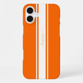 オレンジとホワイトのレーシングストライプ ゴールドモノグラム iPhone 16 PLUSケース