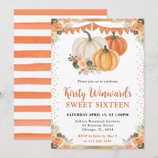 オレンジとホワイトの花模様のハロウィン かぼちゃ 秋 スイート16 招待状 (正面/裏面)