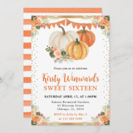 オレンジとホワイトの花模様のハロウィン かぼちゃ 秋 スイート16 招待状