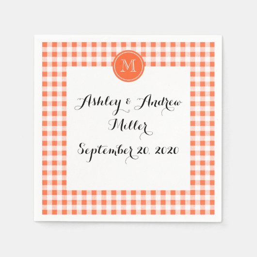 オレンジとホワイトギンガム、あなたのモノグラム スタンダードカクテルナプキン (正面)