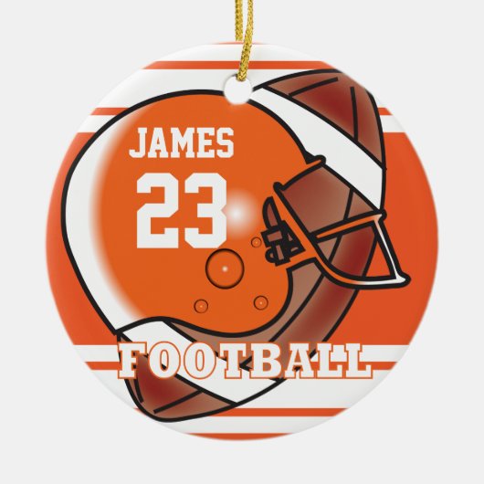 オレンジとホワイトサッカー🏈 | DIYの名前と番号 セラミックオーナメント (正面)
