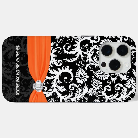 オレンジとホワイトダマスク印刷ラインフェイクストーン Case-Mate iPhoneケース (裏面 (横))