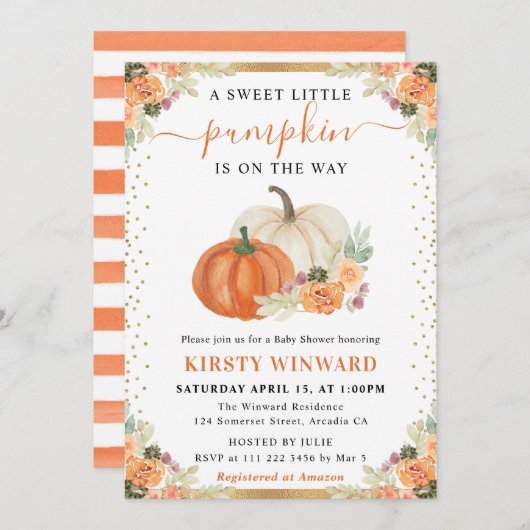 オレンジとホワイトフローラカボチャ秋ベビーシャワー 招待状 (正面/裏面)